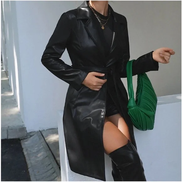 Luxe Black Vegan Leather belted Jacket Coat